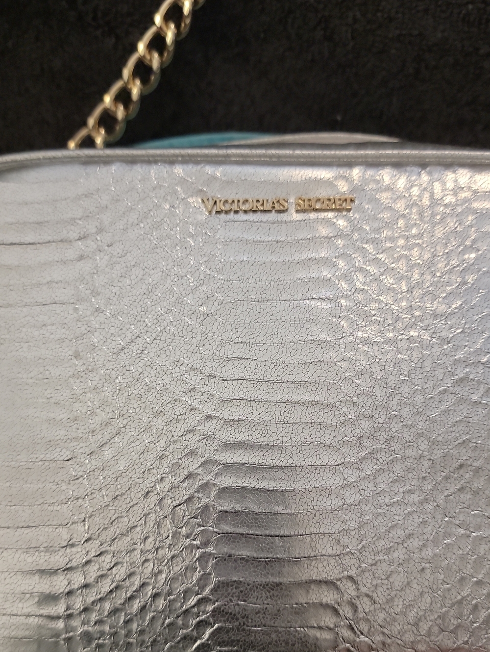 Victoria's Secret Metallic Silver Textured Crossbody with Gold Chain